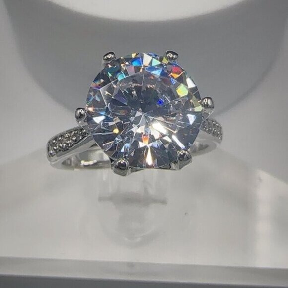 Round Cut Simulated Diamond Engagement Ring With Pave Band In Silver Tone 4CT - Picture 2 of 9